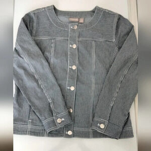 Chicos Womens Sz1 (8) M Navy/White Stripe Button Denim Jacket Nautical